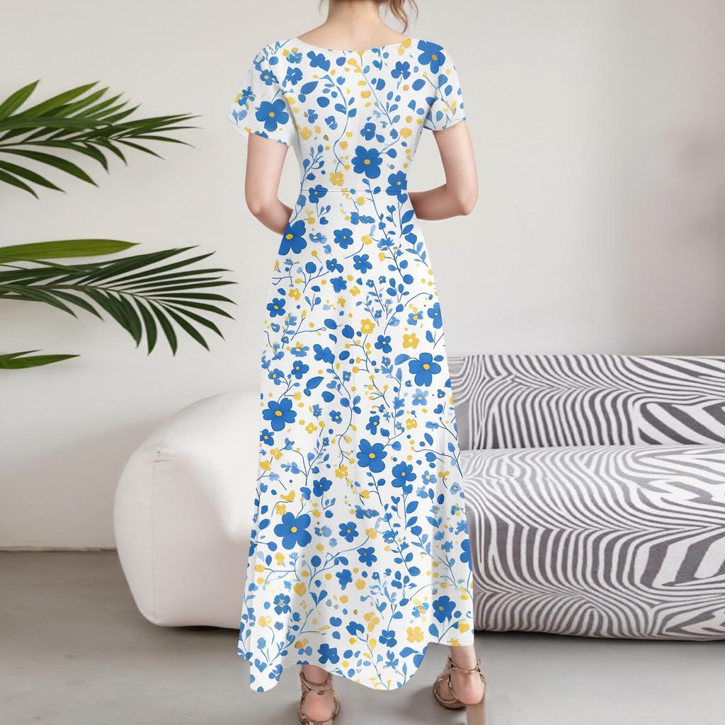 Women's Casual Fashion Print Long Dresses V-Neck Short Sleeve Dresses