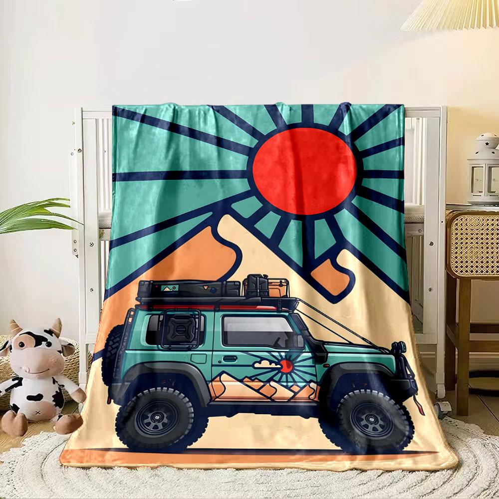 Bold graphic pattern featuring a red sun, rays, and stylized mountains. for all seasons blanket lunch break throw gift