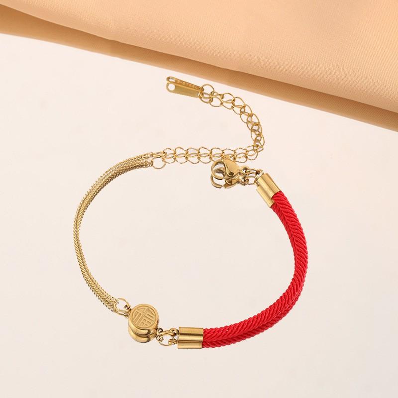 Gold Plated Titanium Steel Lucky Chinese Fu Charm Braided Rope Bracelet Women Fashionable Handmade Wristband