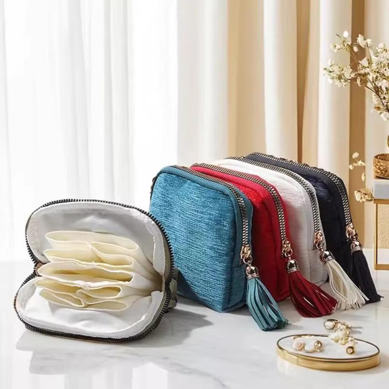 Portable Travel Jewelry Organizer Pouch, Zipper Jewelry Storage Bag With Tassel, Divided Soft Lining Case For Rings Bracelets