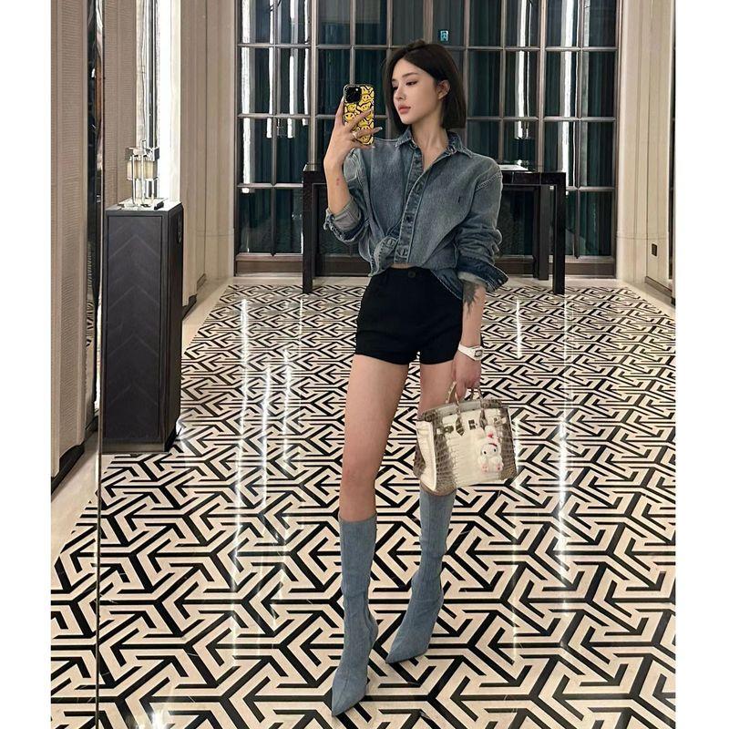 

Retro Hong Kong Style Blue Denim Shirt Women 2025 Early Autumn New Arrival Long Sleeves Loose Temperament Easiest for Match Design Blouse Denim shirt L