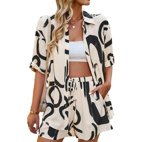 2 pezzi/set camicia da donna pantaloncini set colore abbinato stampa bavero sciolto monopetto manica corta coulisse vita elastica casual top pantaloncini set
