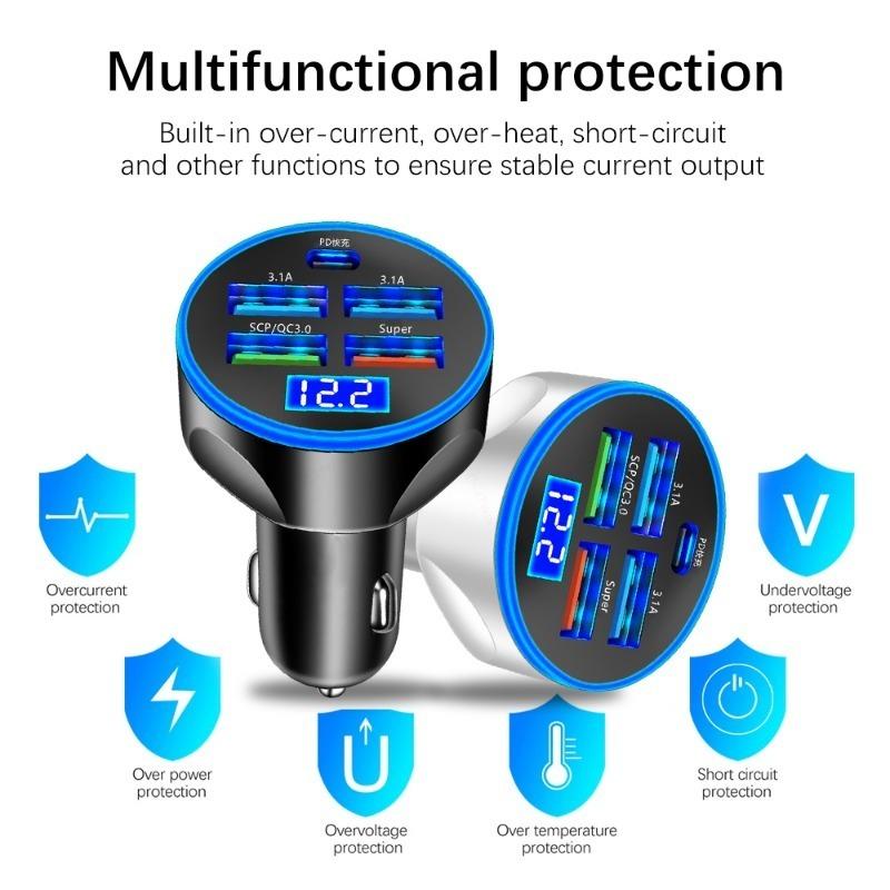 5 In1 250W Car Charging Five-hole Simultaneous Charging Adapter Type-C Car Charger with Digital Display PD QC3.0 Phone Charger