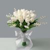 Minimalist White Wedding Bouquet with Artificial Tulips and Lily of the Valley, Large Satin Bow with Crystal Center