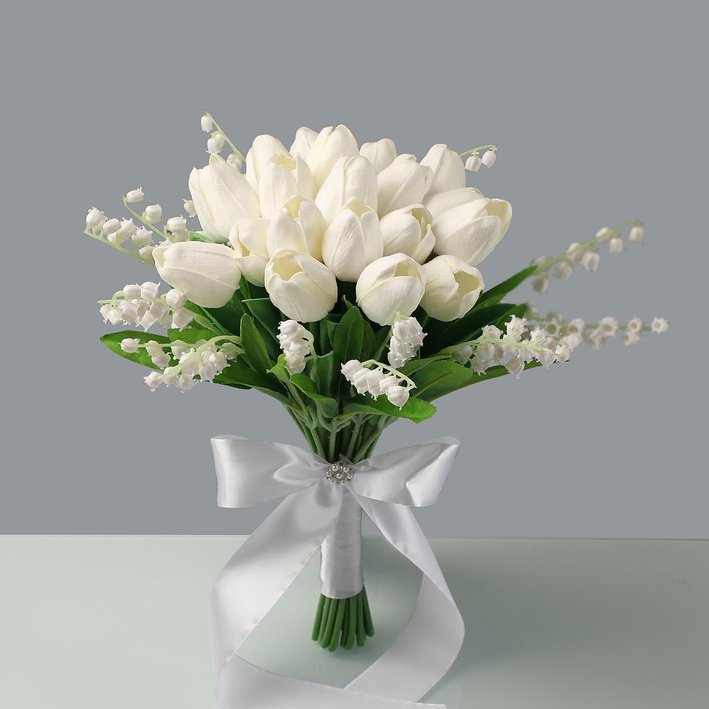 Minimalist White Wedding Bouquet with Artificial Tulips and Lily of the Valley, Large Satin Bow with Crystal Center
