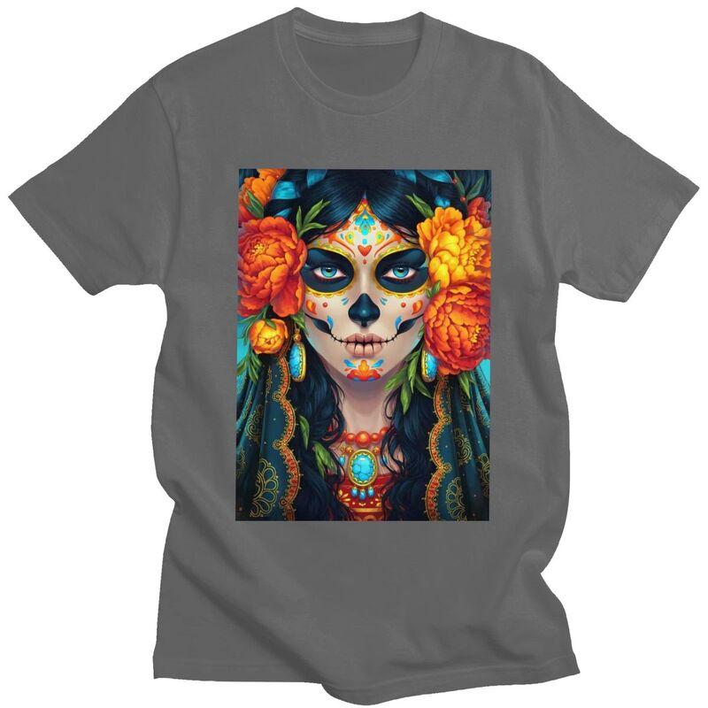 Individuelles Mexikanisches Catrina Zuckerschädel Dame T-Shirt für Herren Reines Baumwoll-T-Shirt Mode-Tee Kurzarm-T-Shirts Schlanke Passform