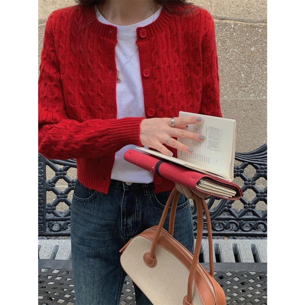 Korean Version College Style Fried Dough Twists Knitting Cardigan Women Gentle Sweet Round Neck Solid Color Knitwear Women Soft Waxy Top Coat