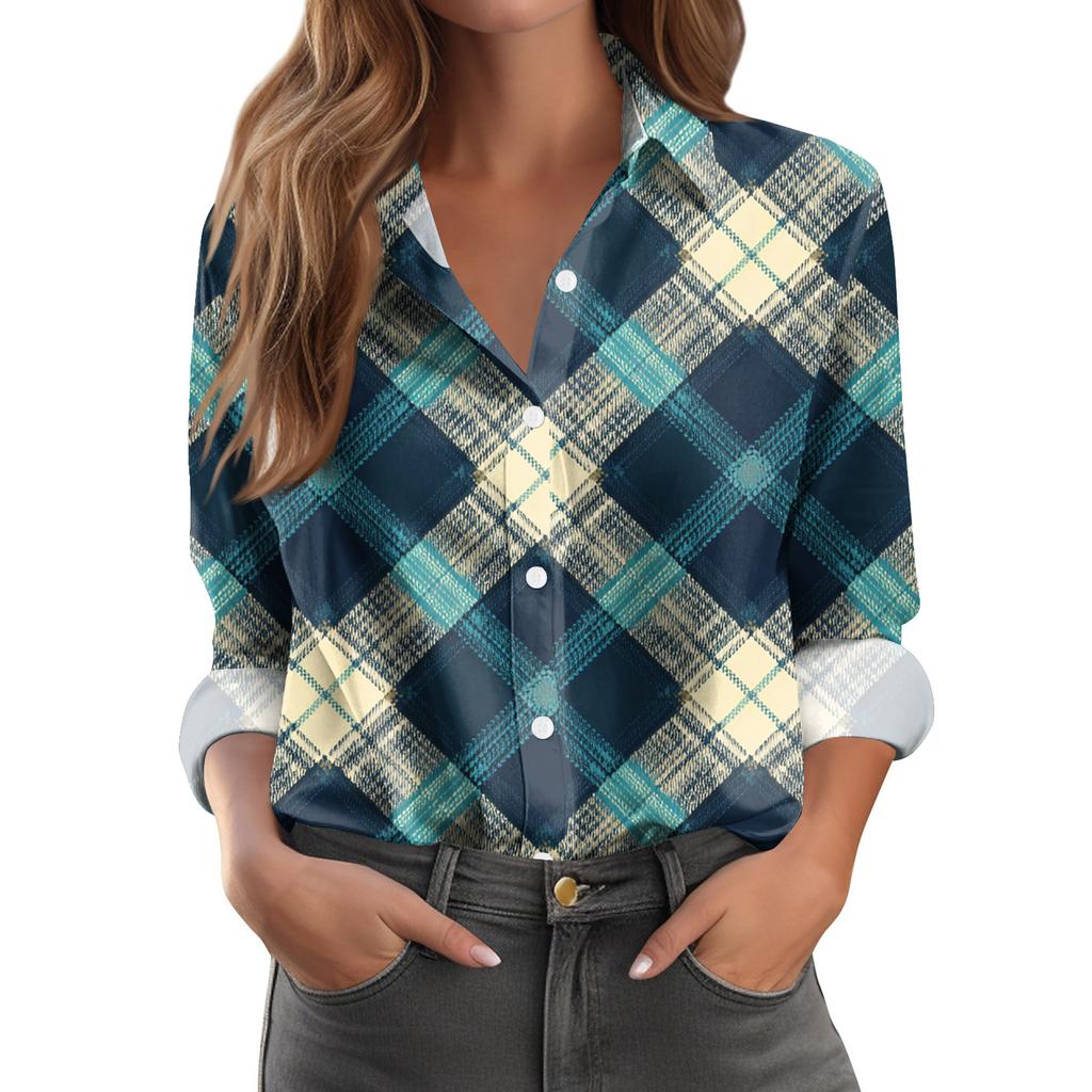 Dámská ležérní módní košile s kostkovaným potiskem, polorozepínacím límcem a dlouhým rukávem