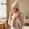 Fashionable Vertical Stripe Knitwear Winter Hat Scarf Gloves Set, Knitted with Pompom, Touch Screen Gloves, Cold Weather Essential Set Warm