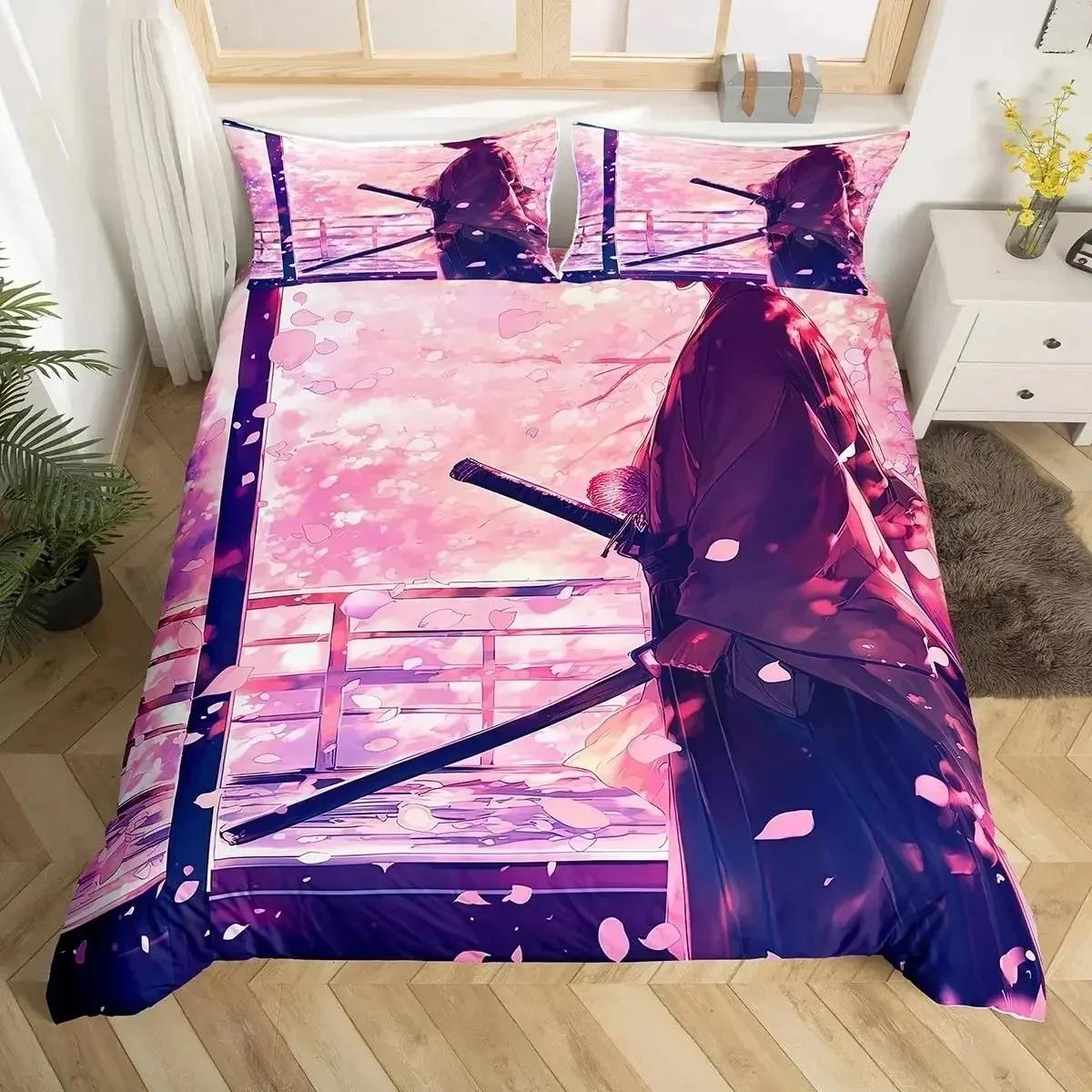 Japanese Samurai Bedding Set Full Size Cherry Blossoms Duvet Cover Red Sun Hokusai Comforter Fuji Mountain Quilt Cover 135x200cm