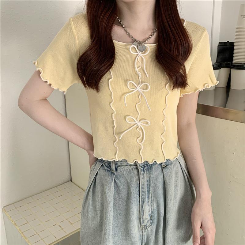 Bow Tie Wave Edge Color Collision Short-sleeved T-shirt Female Summer Slim Short Section Small Shirt Tops Casual Essential Slim Fit Pullovers Tees