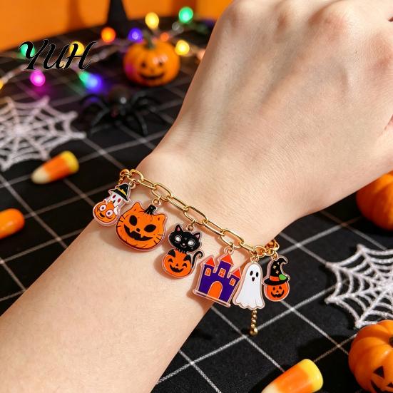 Cute Holiday Costume Accessory Halloween Charm Bracelets for Women, Spooky Pumpkin Cat Ghost Castle Pendant Adjustable Gift Girls Bracelet, Metal Drop