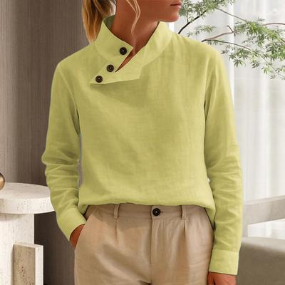 Women Tops Stand Collar Bevel Button Neckline Long Sleeve Pullover Tops Solid Color Loose Fit Casual Tops Work Party Daily Wear