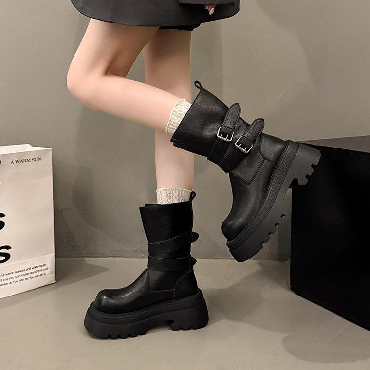 Thick-soled Martin Boots Women's 2025 Autumn New Wasteland Wind Western Cowboy Boots Medium Tube Wasteland Wind Black Short Boots