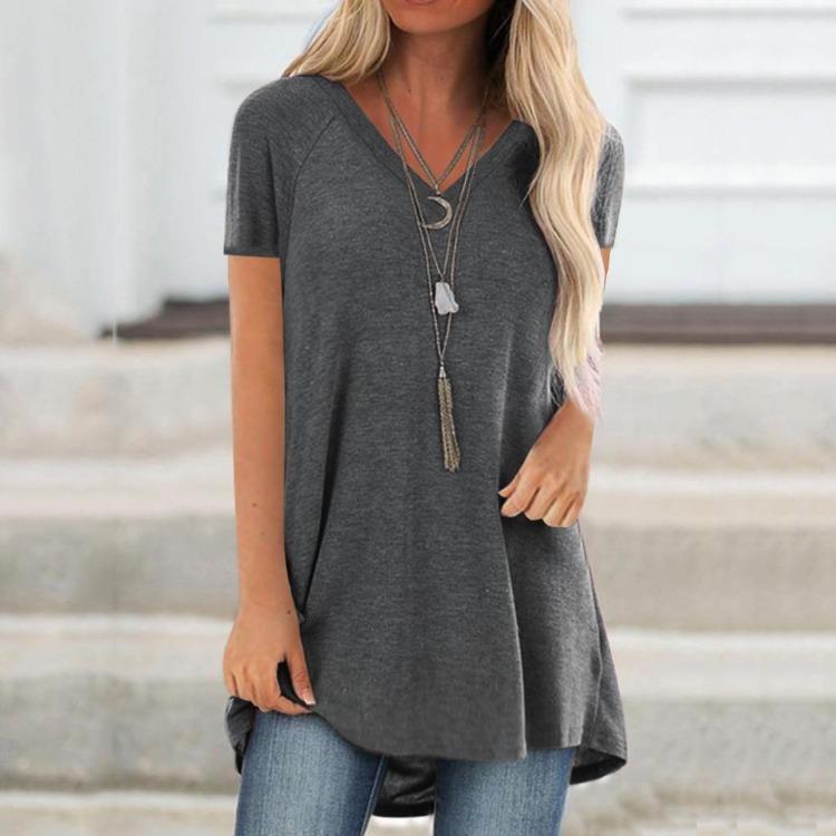 Übergröße Damenmode V-Ausschnitt Ramidos Print Kurzarm Langes T-Shirt Bluse