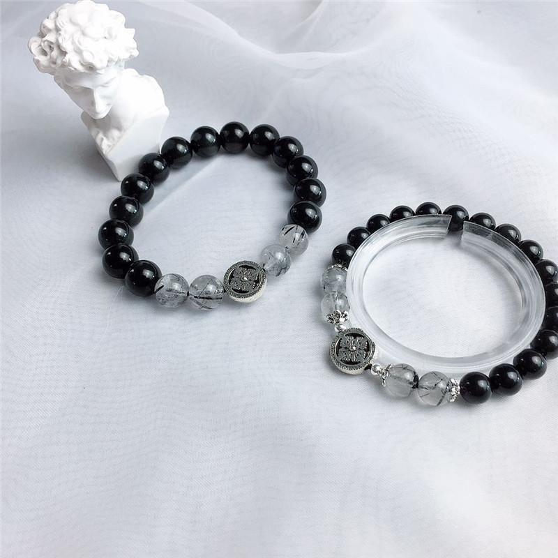 

Obsidian Black Rutilated Quartz Bracelet Couple Set - A pair of commemorative gifts, a love token from ancient times, Korean version -