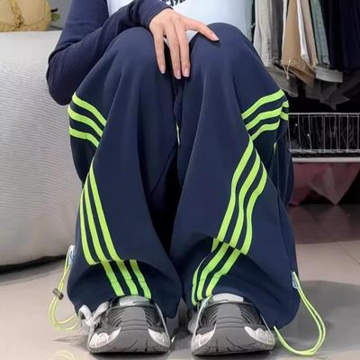 Gestreepte Contrasterende Wijde Pijpen, Garderobebroek, Heren en Dames, Retro Elastisch Trekkoord Hangend Casual Koppel Sportbroek