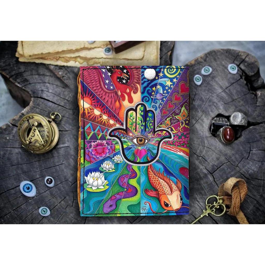 Leather Hamsa Hand Printed Diary Vintage Old Pages Diary for Office & Personal Use (7 X 5 Inch)