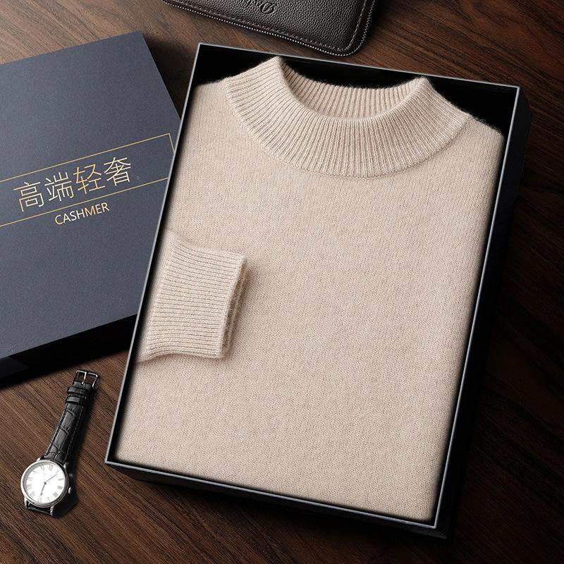 Men's Double-Thick Lamb Cashmere Sweater, Solid Color, Round Neck, Autumn/Winter Base Layer.