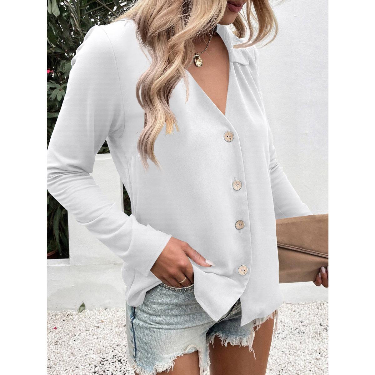 

Spring Summer New Women s Solid Color Long Sleeve Ice Silk Elegant Button Down Shirt, European American Style Casual Fashion Blouse for Women S белый