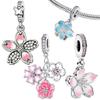 925 Silver 3D Enamel Cherry Blossom Pink Charms Pendant Blue Flower Decor Beaded Bracelet Detailed Craft Jewelry Gift
