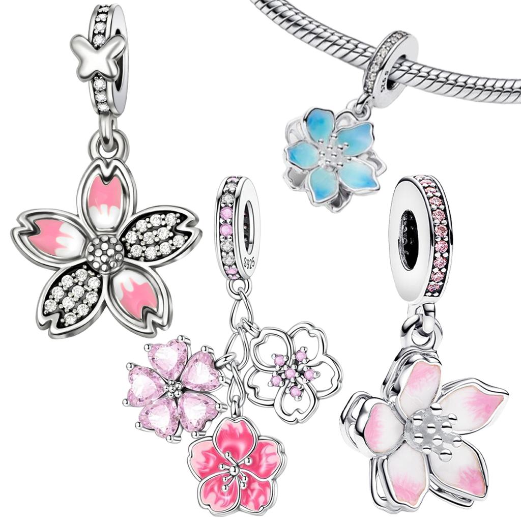 Plata 925 Colgante Amuletos Flor de Cerezo Rosa Esmaltado 3D Decoración Flor Azul Pulsera de Cuentas Joyería Artesanal Detallada Regalo