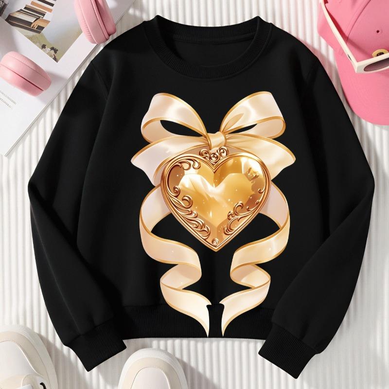 Kids Crewneck Long Sleeve Sweatshirt,Golden Heart with Ribbon Bow Print 110