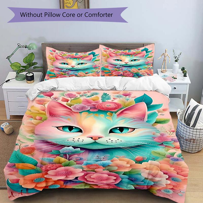 

3pcs Pink Cat Art with Floral Accents Print Cover Set Ultra Soft, Breathable, and Comfortable Bedding with Stylish Design for Bedroom and Guest R 135x200cm