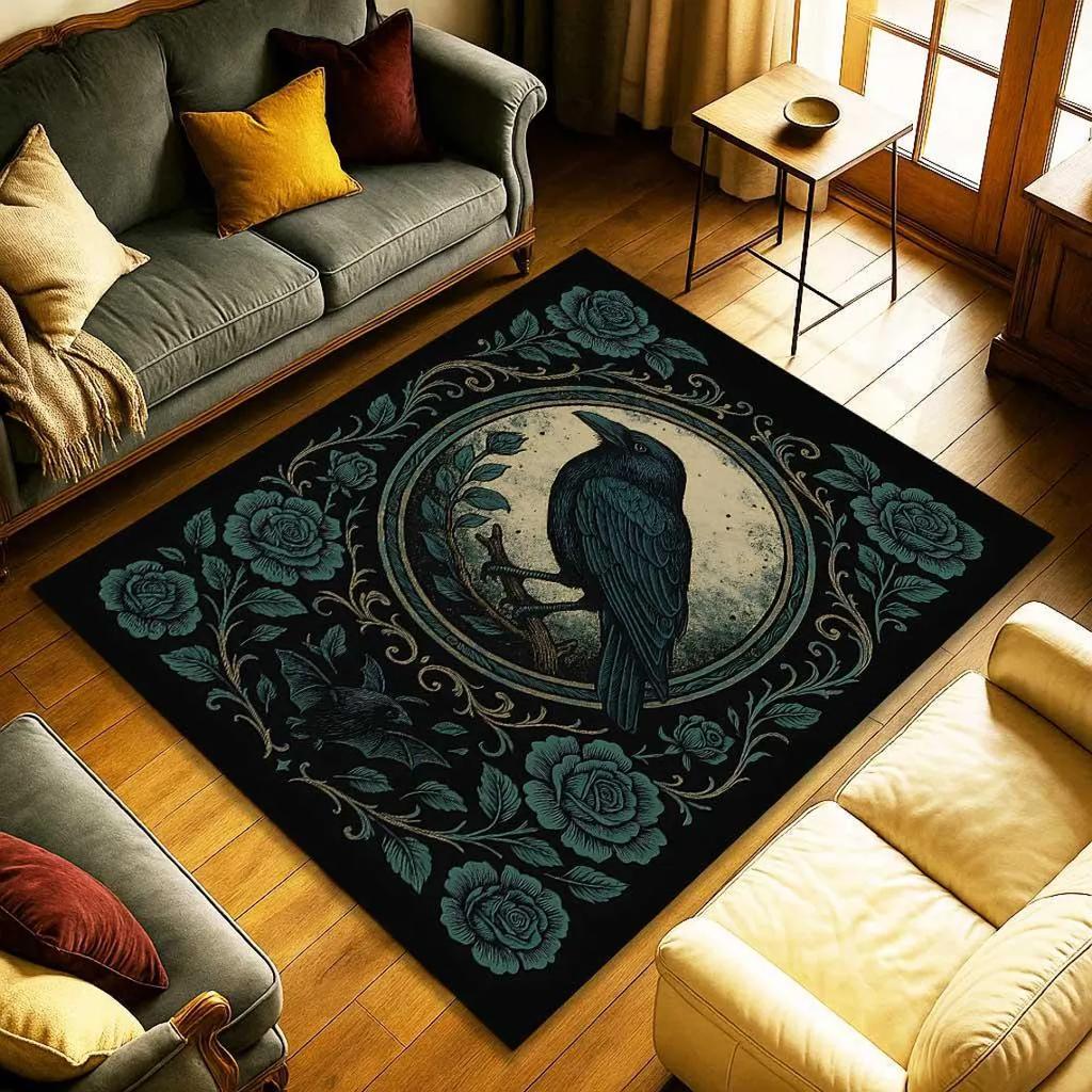 Gothic Raven Rug, Dark Floral Bird Carpet, Witchcore Crow Decor, Occult Animal  Rug, Mystical Rose Art for Moody Rooms