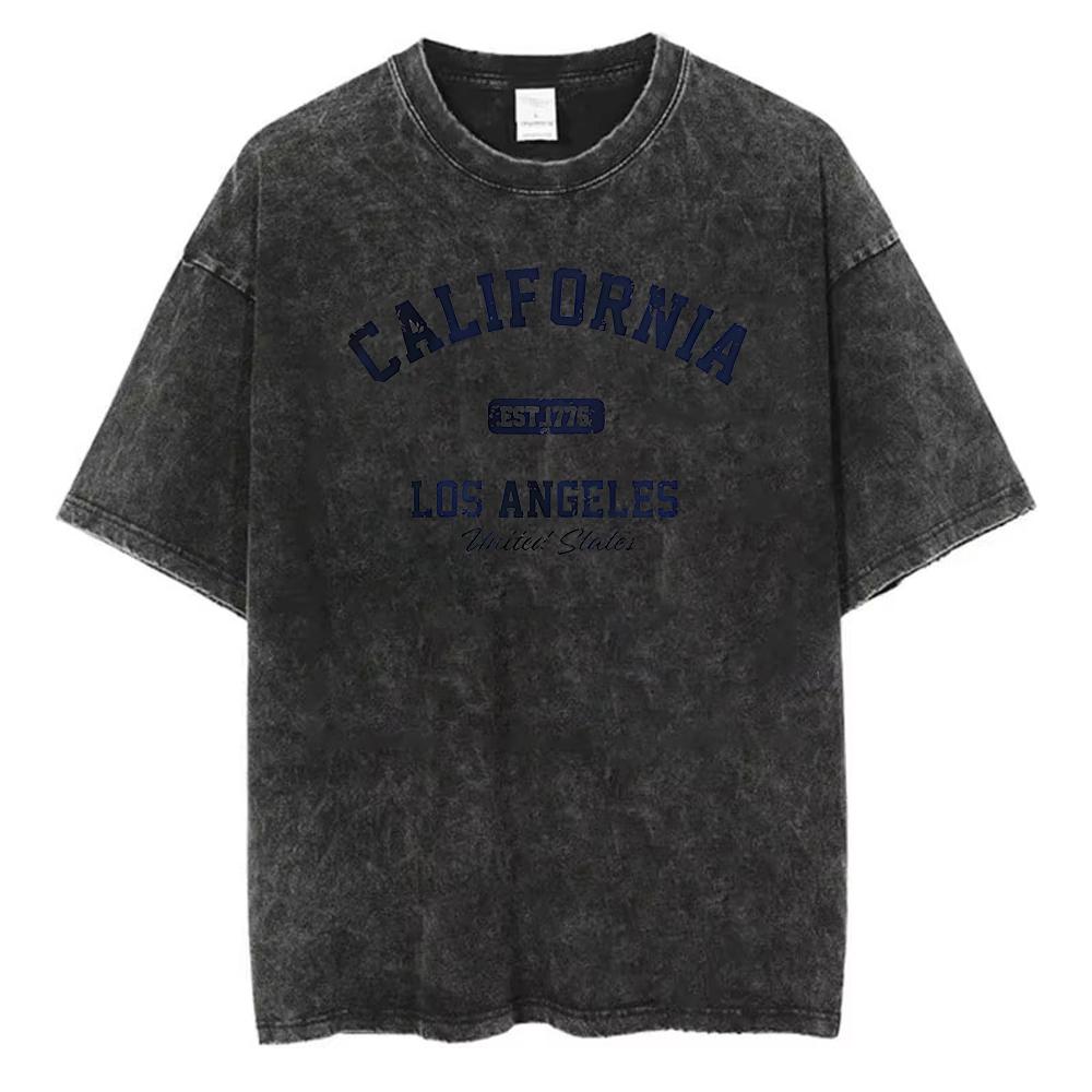 Vintage gewaschenes Baumwoll-T-Shirt Herren Kalifornien Los Angeles 89 Grafik-T-Shirt Retro Varsity-Stil Streetwear Säurewäsche Lockerer Sitz Oberteil