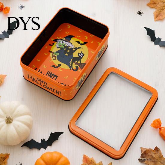 Seasonal Kitchen Storage Halloween Tin Box with Clear Lid, Witch Pumpkin Ghost Candy Window Metal Cases Container for Cookies Snacks, Festive