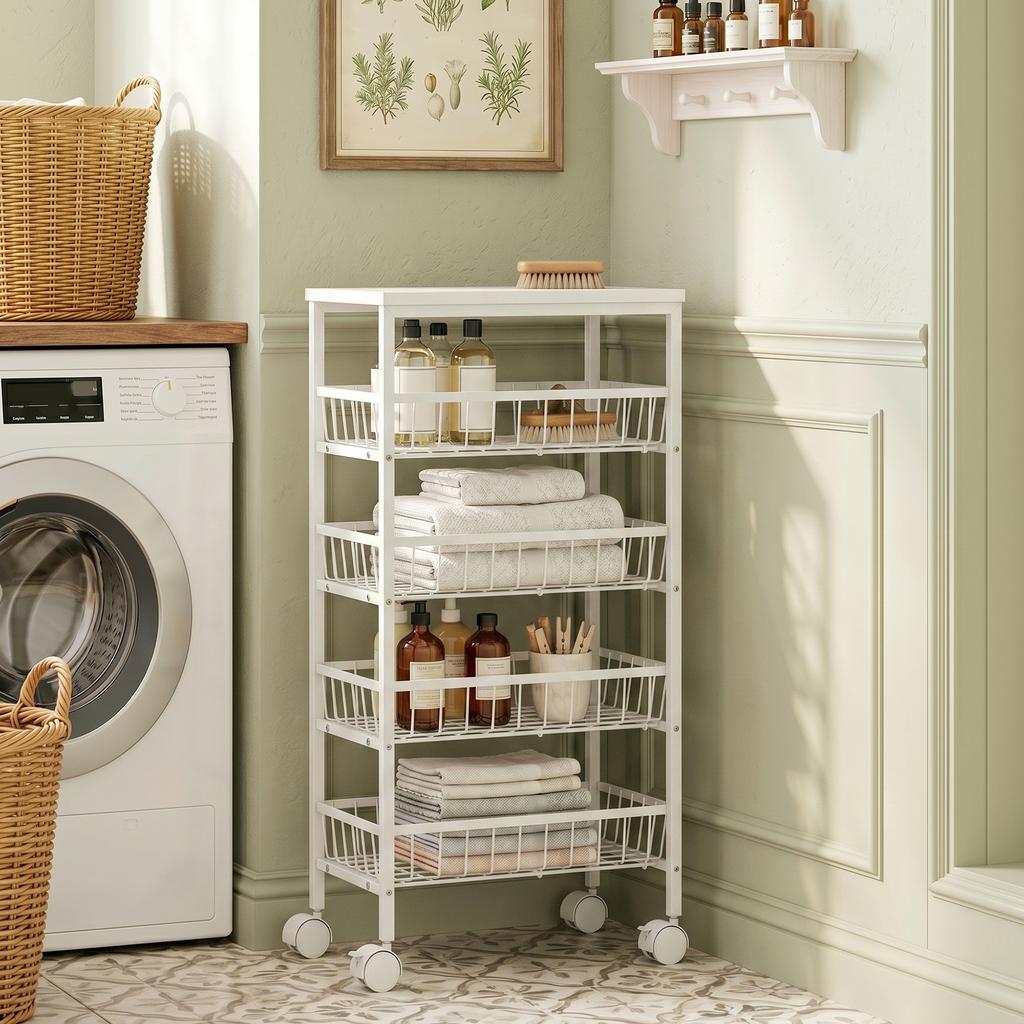4-tier storage cart, rolling utility cart with removable baskets, metal frame, white