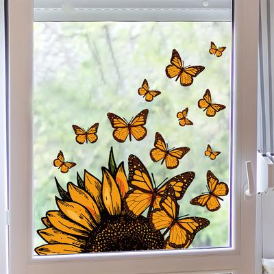 Adesivi Statici Colorati Vintage Girasole Farfalla per Finestre, Decorazione Visibile Autoadesiva Double-Sided per Decorazione Camera da Letto Stanza del Dormitorio