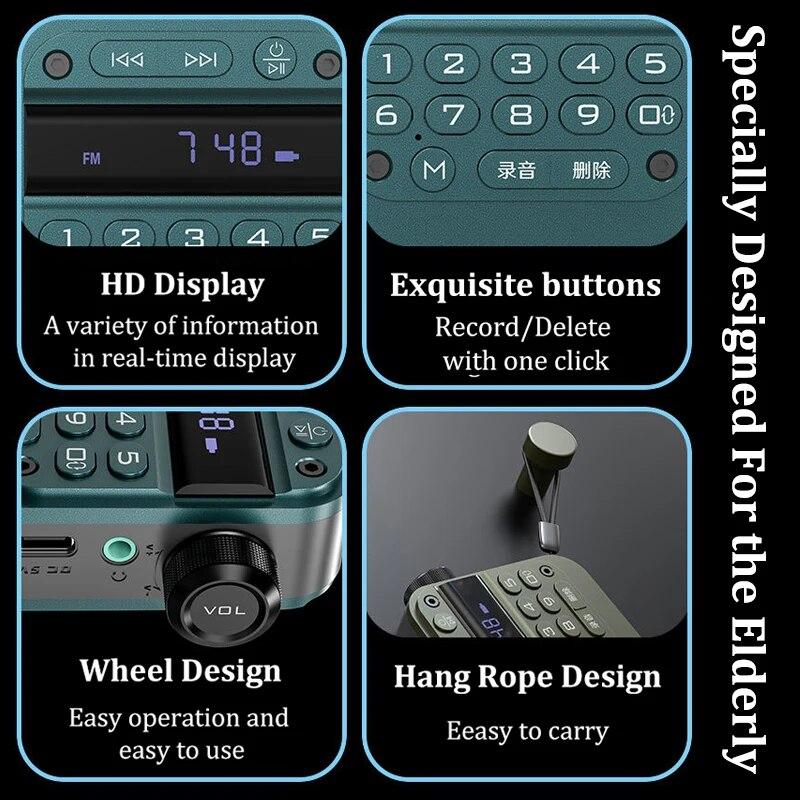 Mini Portable FM Radio HD LED Display Radios Recorder Wireless Bluetooth Speaker Hifi Lossless Music Player Support TF U Disk