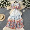 French high-end women's dress summer waist and thin temperament fashion printing hollow crochet lace dress