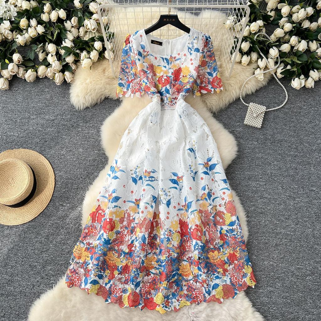 French high-end women's dress summer waist and thin temperament fashion printing hollow crochet lace dress