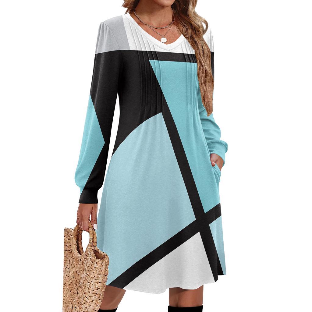 Ladies' Printed Casual And Fashionable V-neck Long Sleeved Mid Length Dress