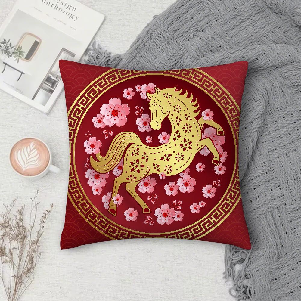 Chinese New Year Horse Pillow Case Square Double-Sided Printing Sofa Cushion Cover Pillowcase Bedroom Bedside