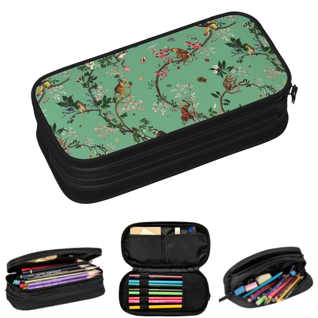 Monkey World Green Pencil Cases for Students Gifts Pen Box Pencil Bag Big Capacity Pencil Pouch