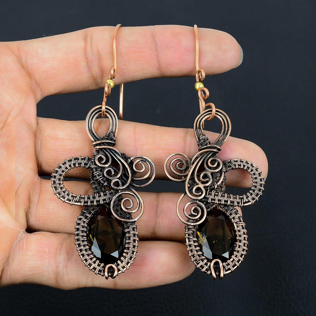 Smoky Topaz Earrings Gemstone Jewelry, 999 Copper Wire Wrapped Earrings, Handmade Beautiful Jewelry Earrings
