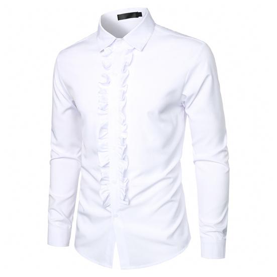 Men Shirt Retro Medieval Single-breasted Royal Style Ruffle Patchwork Lapel Collar Long
