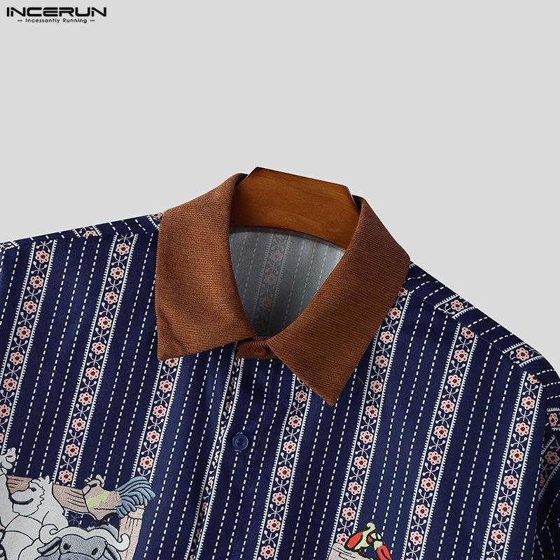 INCERUN Summer Men Lapel Neck Short Sleeve Patchwork Striped Casual Shirts Tops