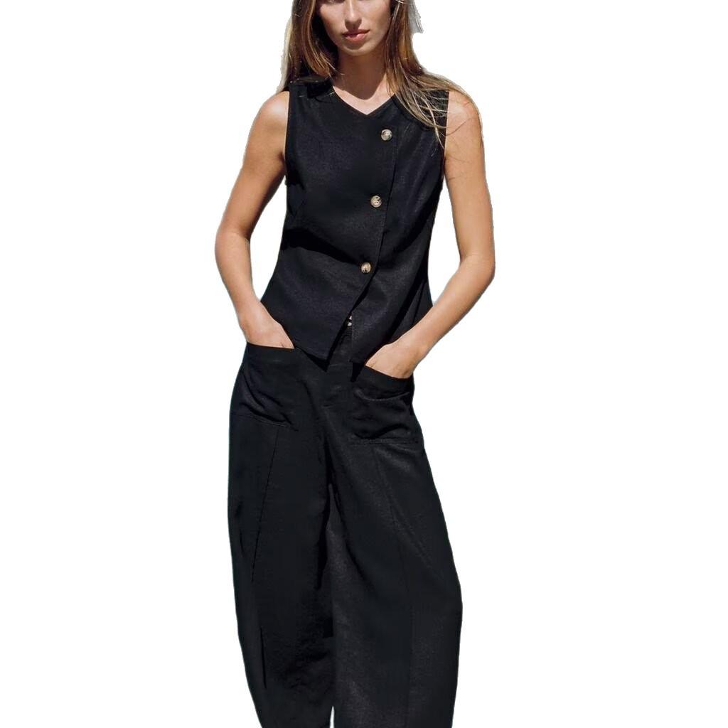 2025 Women's Summer Linen Blend Double-Breasted Vest & Wide-Leg Pants Fashion Set