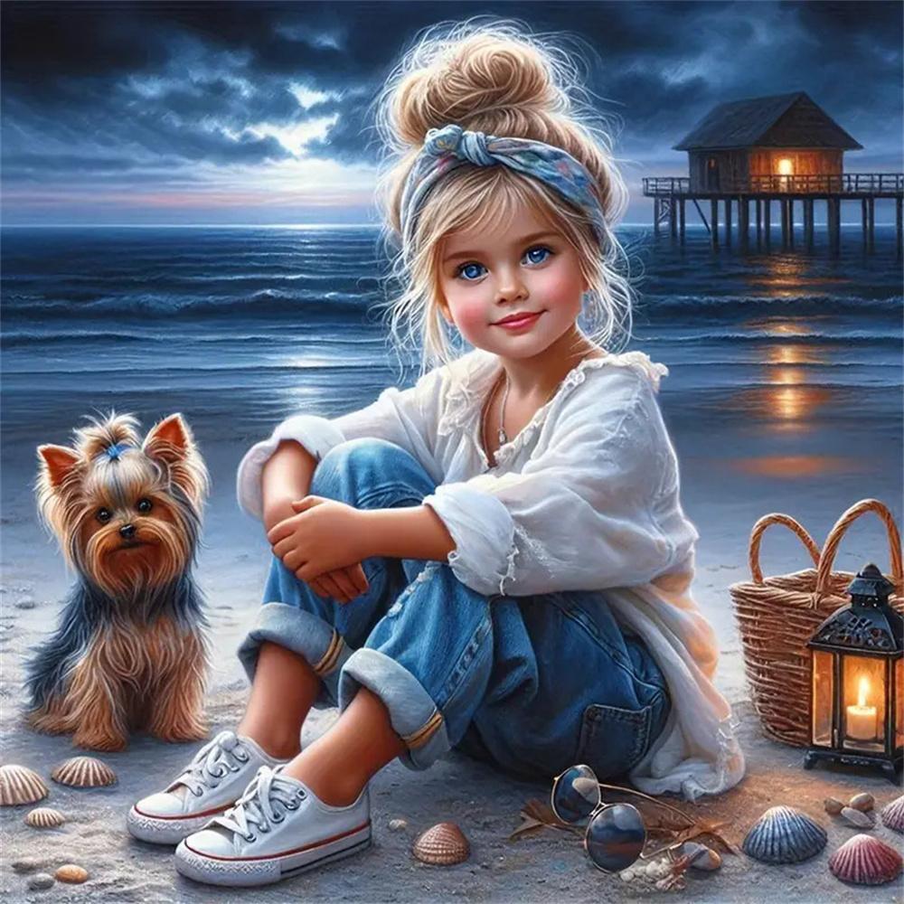 5d Diy Diamond Painting Girl Dog Portrait Diamond Embroidery Seaside Full Round Drill Cross Stitch Kits Gift