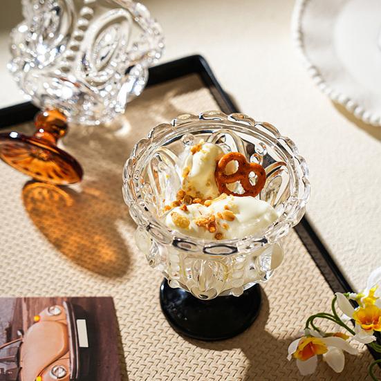 yangyizhi Vintage Glass Dessert Cup, Embossed Ice Cream Bowl, Thickened Footed Sundae Bowls for Cream, Yogurt, Parfait, Trifle, Fruit, Party Serving
