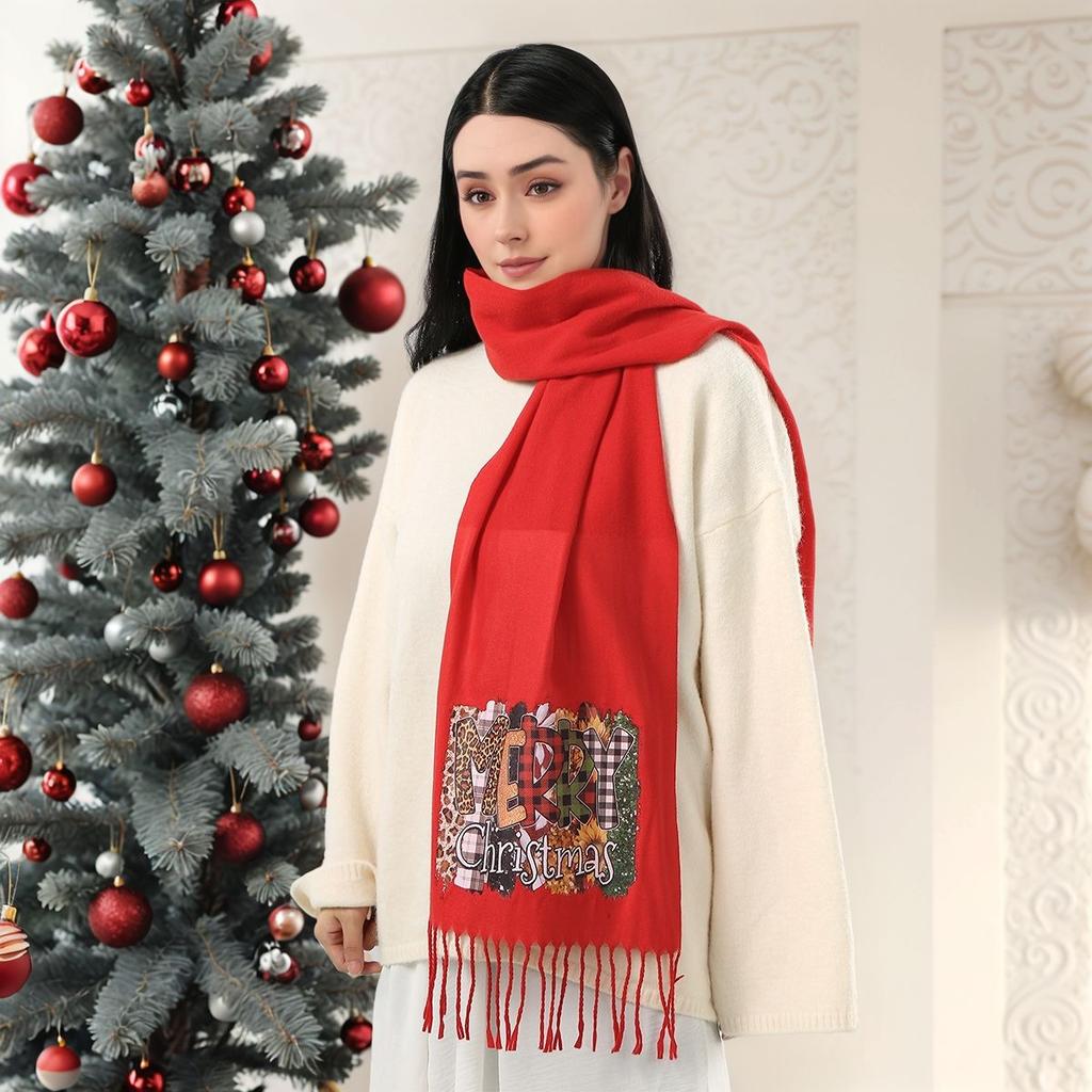 New Christmas Red Printed Cashmere Scarf Pashmina Tassel Scarves Neck Protection Deer Elk Printed Wrap Gift Long Shawl 183*30Cm