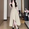 Hepburn style black dress children's summer new coffee break French high-end feeling small waist split dress