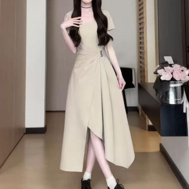 Hepburn style black dress children's summer new coffee break French high-end feeling small waist split dress
