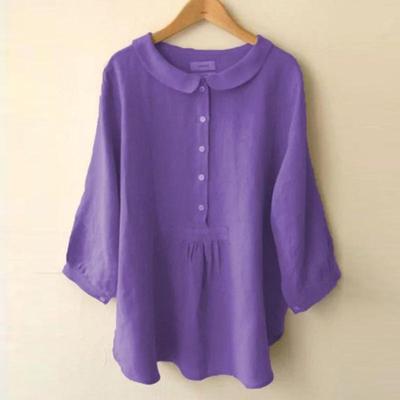 Cotton Linen Blouse Women Solid Harajuku Top Casual Japanese Doll Collar Buttons Three Quarter Sleeve Shirt