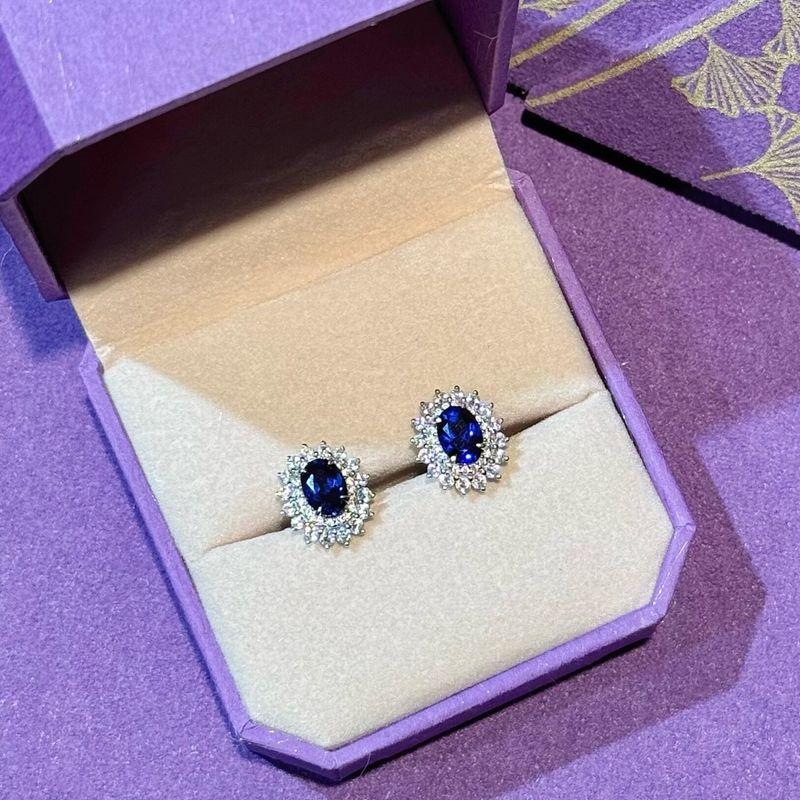 European and American Fashion Cultivate Sapphire S925 Silver Plated 18K Jewelry Three-Piece Necklace Ring Earrings Cultured Sapphire Earrings/1Ct